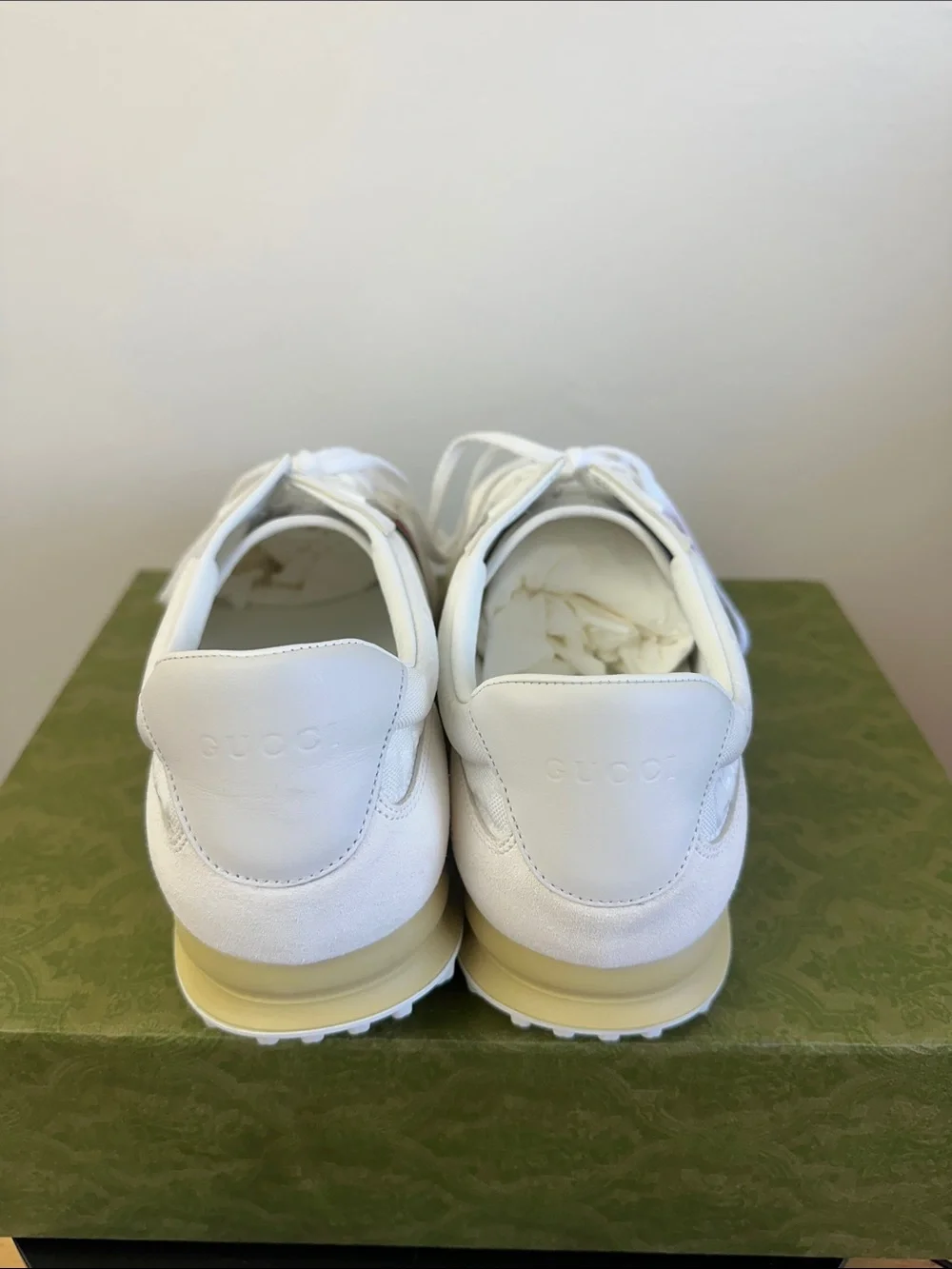 White Gucci Sneakers with Green & Red Stripe